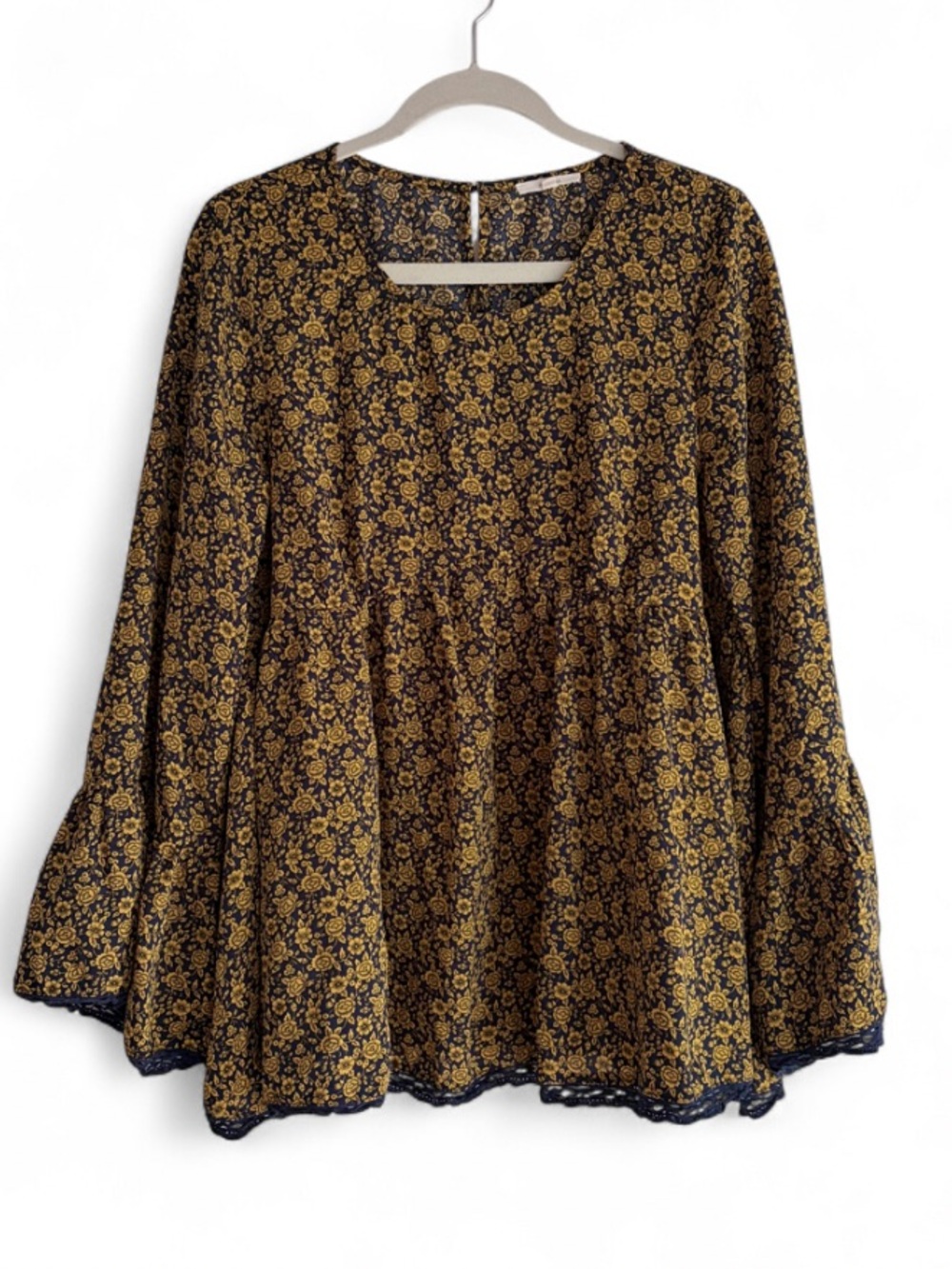 Easel Navy Blue and Mustard Brown Floral Boho Peasant Babydoll Blouse Size L